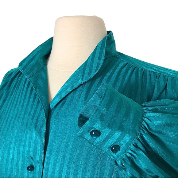 VINTAGE 80s Long Sleeve Secretary Dress | Blue Green Teal | Size 10 Medium - Picture 6 of 9